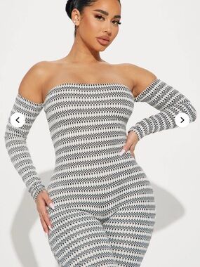 Fashion Nova Black & White Striped Off-Shoulder Jumpsuit